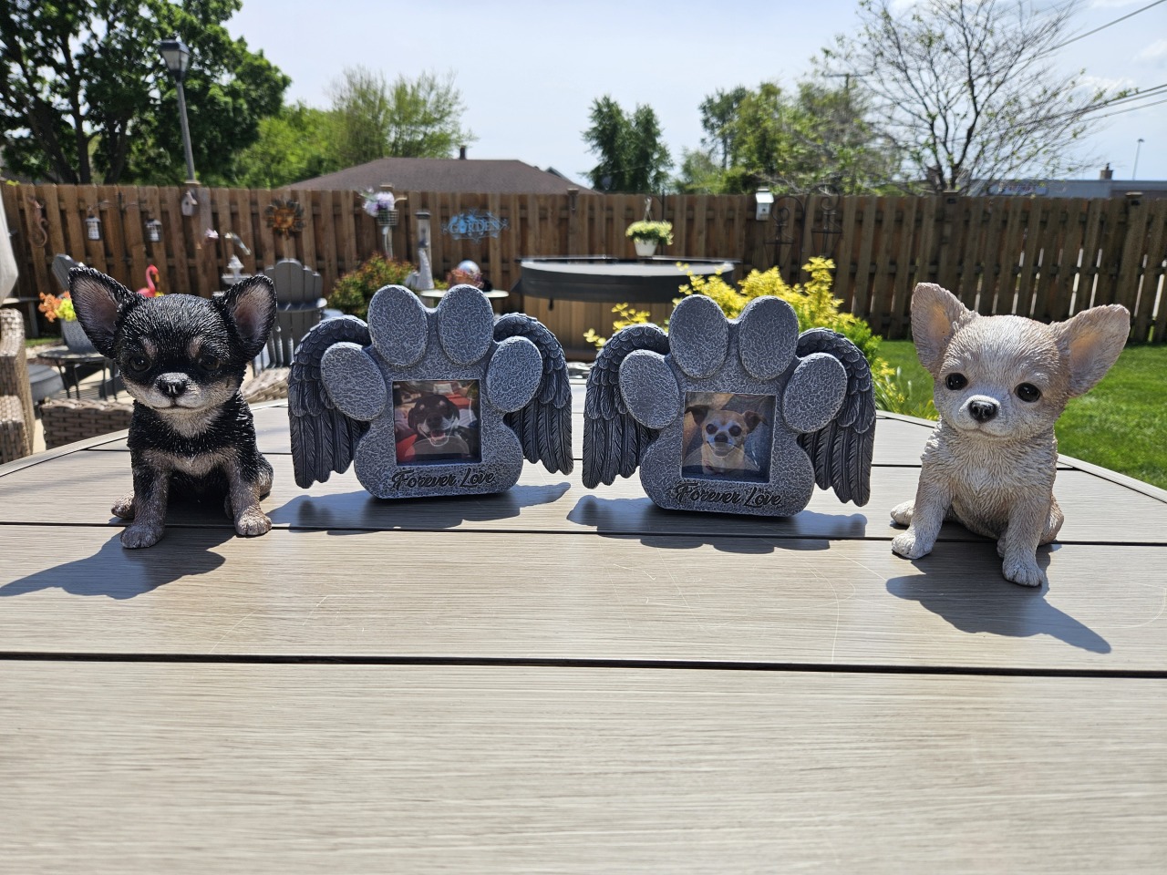 Forever Love pet memorial frames and chihuahua statues honoring beloved pets in Elmhurst, IL